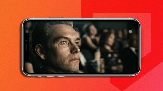 How to cancel Amazon Prime: a iphone is visible with a screenshot from The Boys on the screen, a picture of Homelander watching a show with an unimpressed look on his face