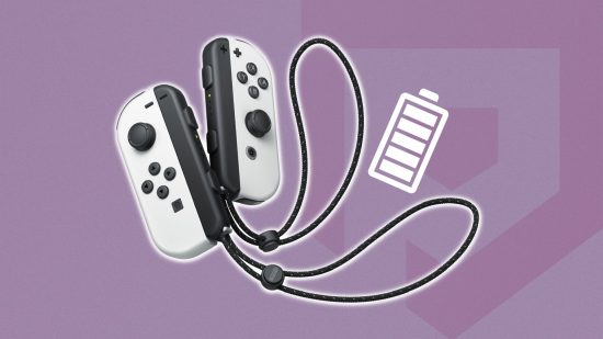 how to charge Nintendo Switch controllers: two white JoyCons on a mauve background with a battery symbol