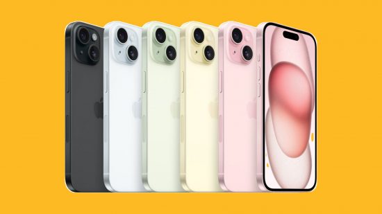 iPhone 15 announcement header showing a lineup of iPhones in various colours on a mango yellow background.