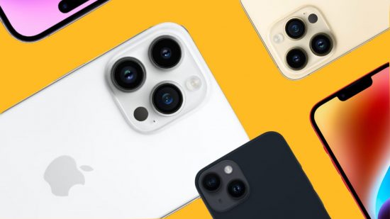 iPhone 15 release date header showing numerous phones on a mango yellow background in white, black, and gold, showing off their camera sets.