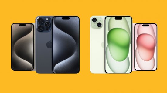 iPhone 15 comparison header showing numerous iPhones on a mango yellow background.