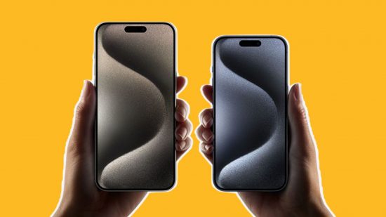 Apple iPhone 15 performance header showing two phones held in hands against a yellow background. one on the left has a purple, black and silver background, one on the right has a golden, black, and orange background, both abstract.