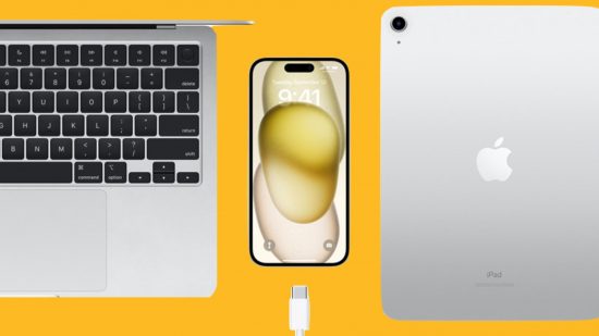 iPhone lightning header showing three Apple devices on a mango yellow background. On the left is a MacBook top down showing the keyboard and trackpad. On the right is an iPad showing its silver back and Apple logo. In the middle is an iPhone with a cable below it, showing an abstract yellow background.