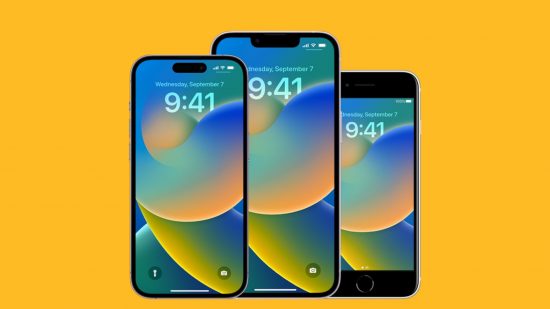 iPhone 15 USB-C header showing three iPhones on a mango yellow background. On the right is an iPhone SE, with a home button and large bezels above and below the screen. In the middle is an iPhone 14 Plus, a phone with a small notch at the top of the screen. On the right is an iPhone 14 Pro, a phone with a cutout pills shape at the top. All three have the time 9:41 on a blue, yellow and green abstract background.