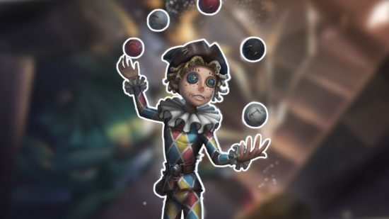 Identity V characters: The Acrobat outlined in white and pasted on a blurred Identity V background