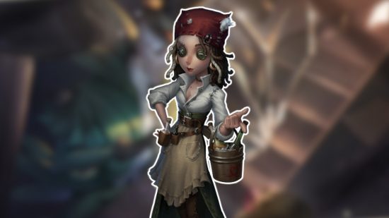 Identity V characters: The Barmaid outlined in white and pasted on a blurred Identity V background