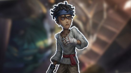 Identity V characters: The Batter outlined in white and pasted on a blurred Identity V background
