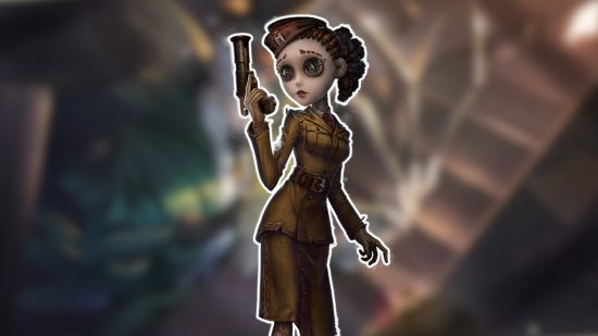Identity V characters: The Coordinator outlined in white and pasted on a blurred Identity V background