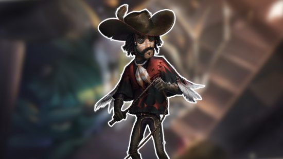 Identity V characters: The Cowboy outlined in white and pasted on a blurred Identity V background