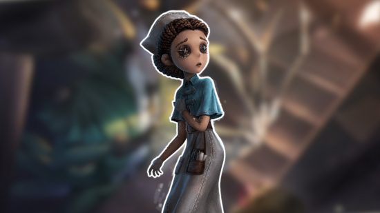Identity V characters: The Doctor outlined in white and pasted on a blurred Identity V background