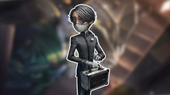 Identity V characters: The Embalmer outlined in white and pasted on a blurred Identity V background