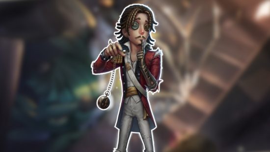 Identity V characters: The First Officer outlined in white and pasted on a blurred Identity V background