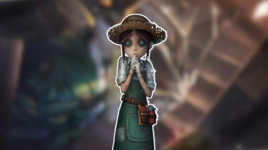 Identity V characters: The Gardener outlined in white and pasted on a blurred Identity V background