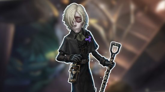 Identity V characters: The Grave Keeper outlined in white and pasted on a blurred Identity V background