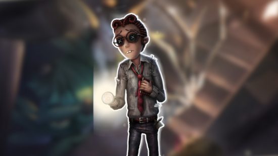 Identity V characters: The Lawyer outlined in white and pasted on a blurred Identity V background