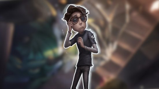 Identity V characters: The Lucky Guy outlined in white and pasted on a blurred Identity V background