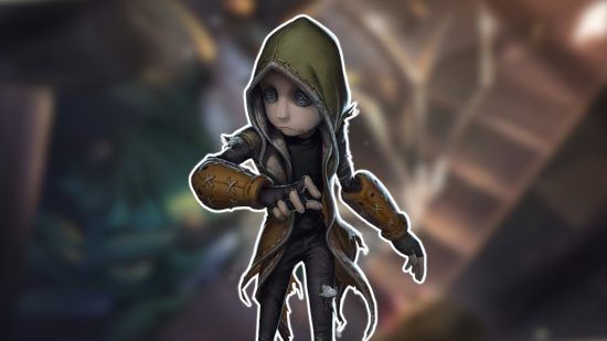 Identity V characters: The Mercenary outlined in white and pasted on a blurred Identity V background