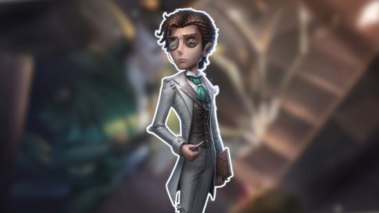 Identity V characters: The Novelist outlined in white and pasted on a blurred Identity V background