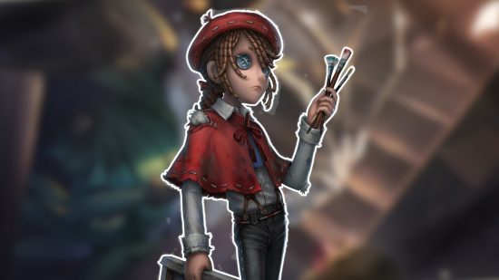Identity V characters: The Painter outlined in white and pasted on a blurred Identity V background