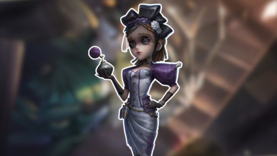 Identity V characters: The Perfumer outlined in white and pasted on a blurred Identity V background