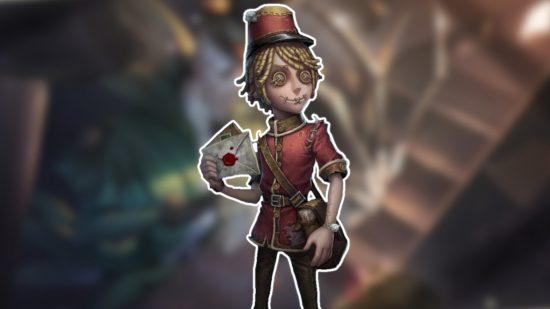 Identity V characters: The Postman outlined in white and pasted on a blurred Identity V background