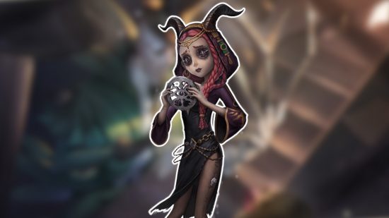Identity V characters: The Priestess outlined in white and pasted on a blurred Identity V background