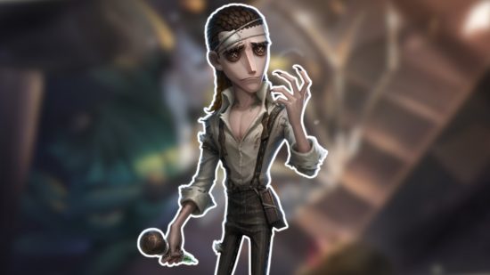 Identity V characters: The Professor outlined in white and pasted on a blurred Identity V background