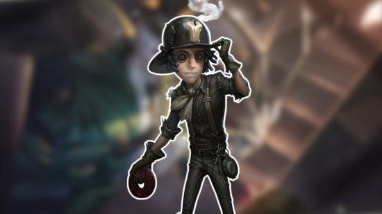 Identity V characters: The Prospector outlined in white and pasted on a blurred Identity V background