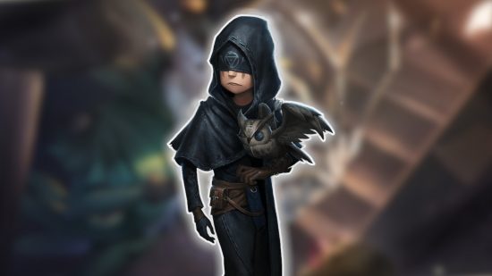 Identity V characters: The Seer outlined in white and pasted on a blurred Identity V background