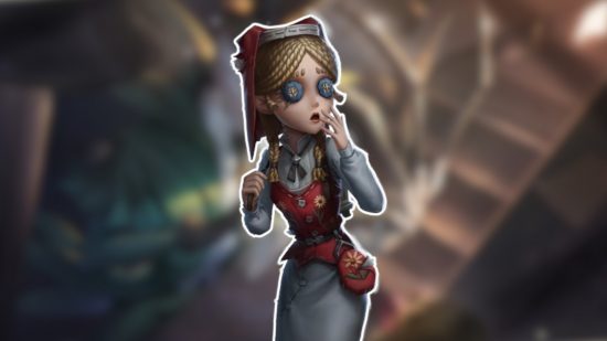 Identity V characters: The Toy Merchant outlined in white and pasted on a blurred Identity V background
