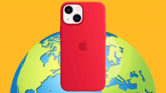 iPhone 15 eco-friendly accessories: an iPhone is shown with a red silicone case, while key art of earth is situated behind it.