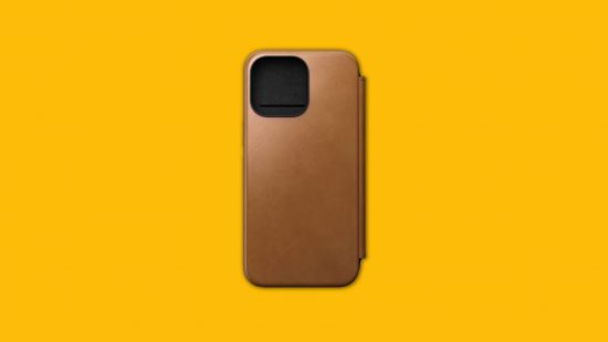 the best iphone 15 pro case Nomad: a brown leather phone case on a yellow background