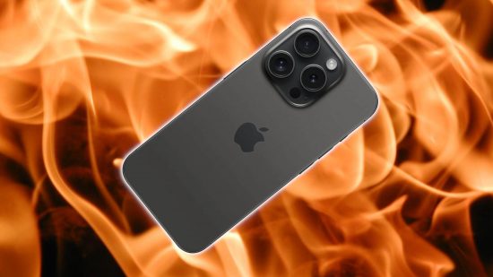 Custom image for iPhone 15 Pro overheating issue news with an iPhone 15 Pro on a fiery background