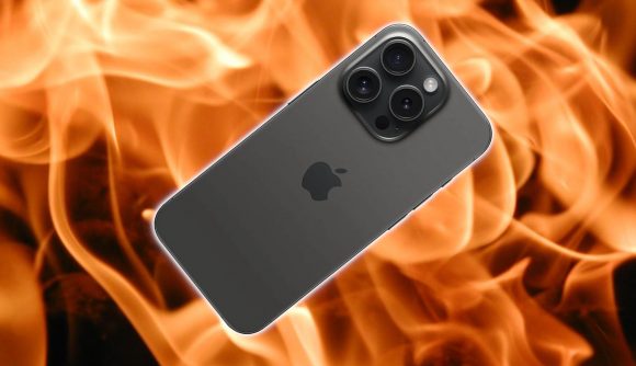 Custom image for iPhone 15 Pro overheating issue news with an iPhone 15 Pro on a fiery background