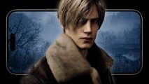 iPhone 15 Pro Resident Evil ports: an apple iPhone 15 Pro is shown against a black background, with a screenshot of a gloomy village from Resident Evil Vilage. Leon Kennedy appears in the foreground, a gruff white man with long blonde hair, and a brown winter jacket