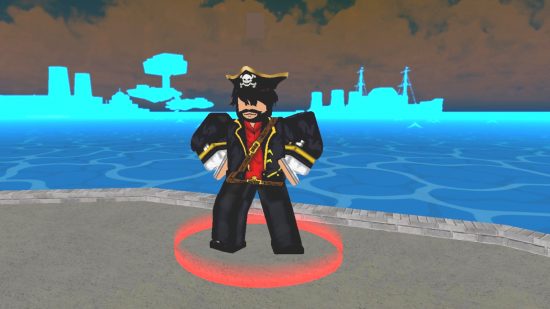 King Legacy codes - a blocky pirate standing in front of the ocean