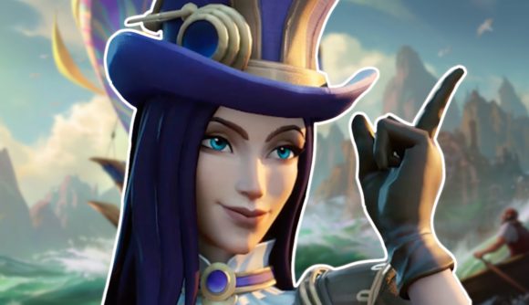 League of Legends games: Caitlyn from Wild Rift pointing her finger, outlined in white and pasted on a Legends of Runeterra background