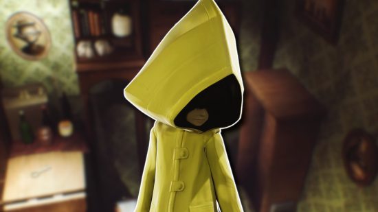 Little Nightmares mobile: Six from Little Nightmares in her iconic yellow raincoat, outlined in white and pasted on a blurred screenshot from the trailer