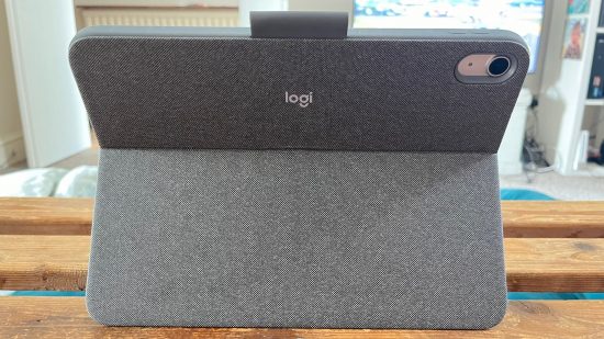 Logitech iPad keyboards header showing the back of an iPad case and stand with the word 'Logi' on it.