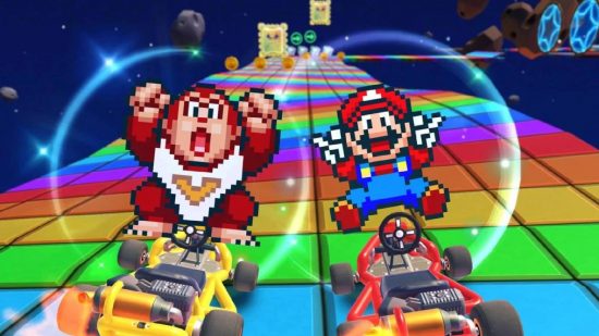 Mario Kart Tour ending: 8-bit versions of Mario and Donkey Kong appear in karts