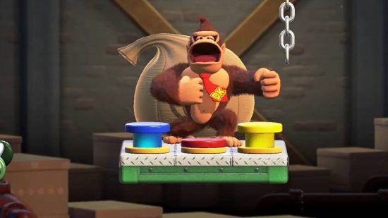 Mario vs Donkey Kong release date: donkey Kong stands on a platform and beats his chest