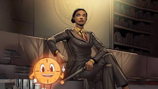 Screenshot of Marvel Snap's Ravonna Renslayer card art with the Time character by her