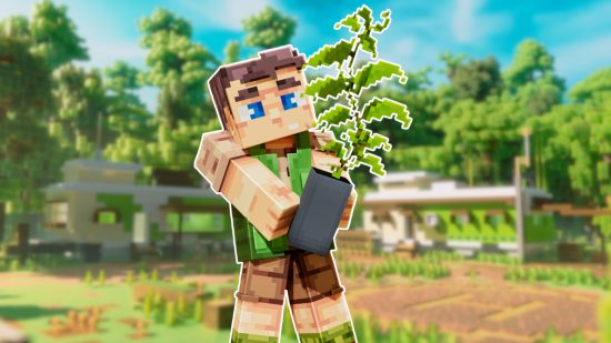 Minecraft Save Amazonia: A character from the Save Amazonia game holding a plant. They are outlined in white and pasted on a slightly blurred screenshot of the hub world of Save Amazonia