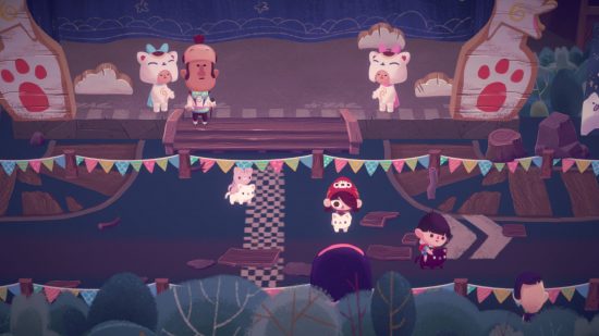 Mineko's Night Market review - a screenshot of the end of a cat race during the Night Market, showing Mineko and Bobo sitting on cats in front of a stage