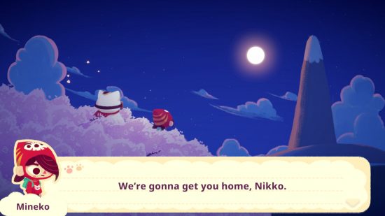 Mineko's Night Market review - Mineko and Nikko sitting in a Sakura tree, watching the moon over Mt Fugu, as Mineko says 'we're gonna get you home, Nikko'