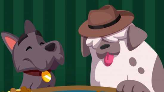 Screenshot of Scottie playing cards with a dog friend for Monopoly Go Scotties Mansion rewards guide