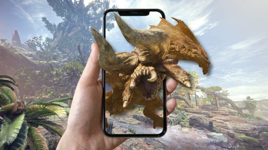 Monster Hunter games - a Diablos coming out of a mobile to represent Monster Hunter Now