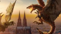 Monster Hunter Now downloads: a Rathalos flies in the sky ready to attack another monster