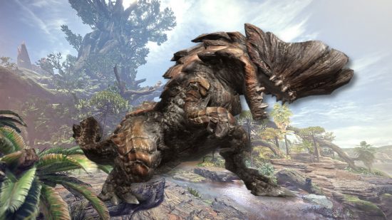 Monster Hunter Now monsters - a Barroth against a rocky background