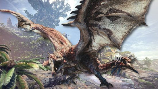Monster Hunter Now monsters - a Rathalos against a rocky background